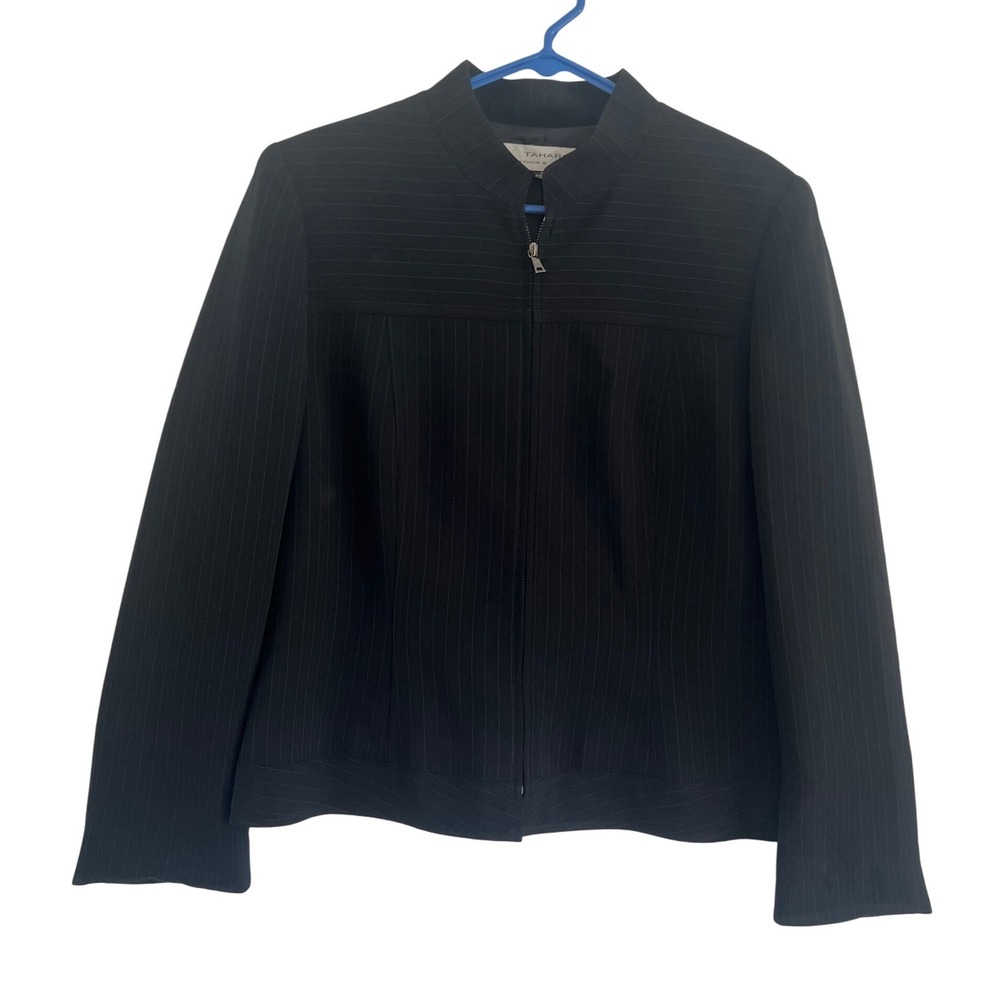 Tahari Arthur S Levine Black Pinstripe Zip Front Blazer Jacket Size 16